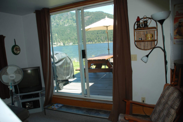 View of deck from cabin at Blind Bay on Shuswap Lake