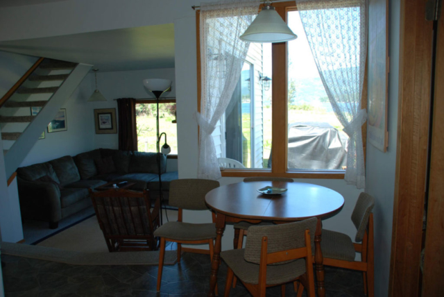 Dining and living area in cabin at Blind Bay on Shuswap Lake